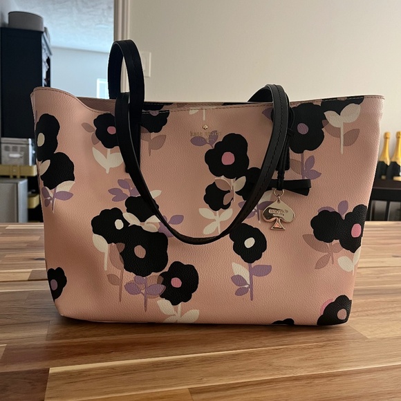 Kate Spade Pink Floral Tote (Large) with Gold Logo Bag Charm - Picture 1 of 16